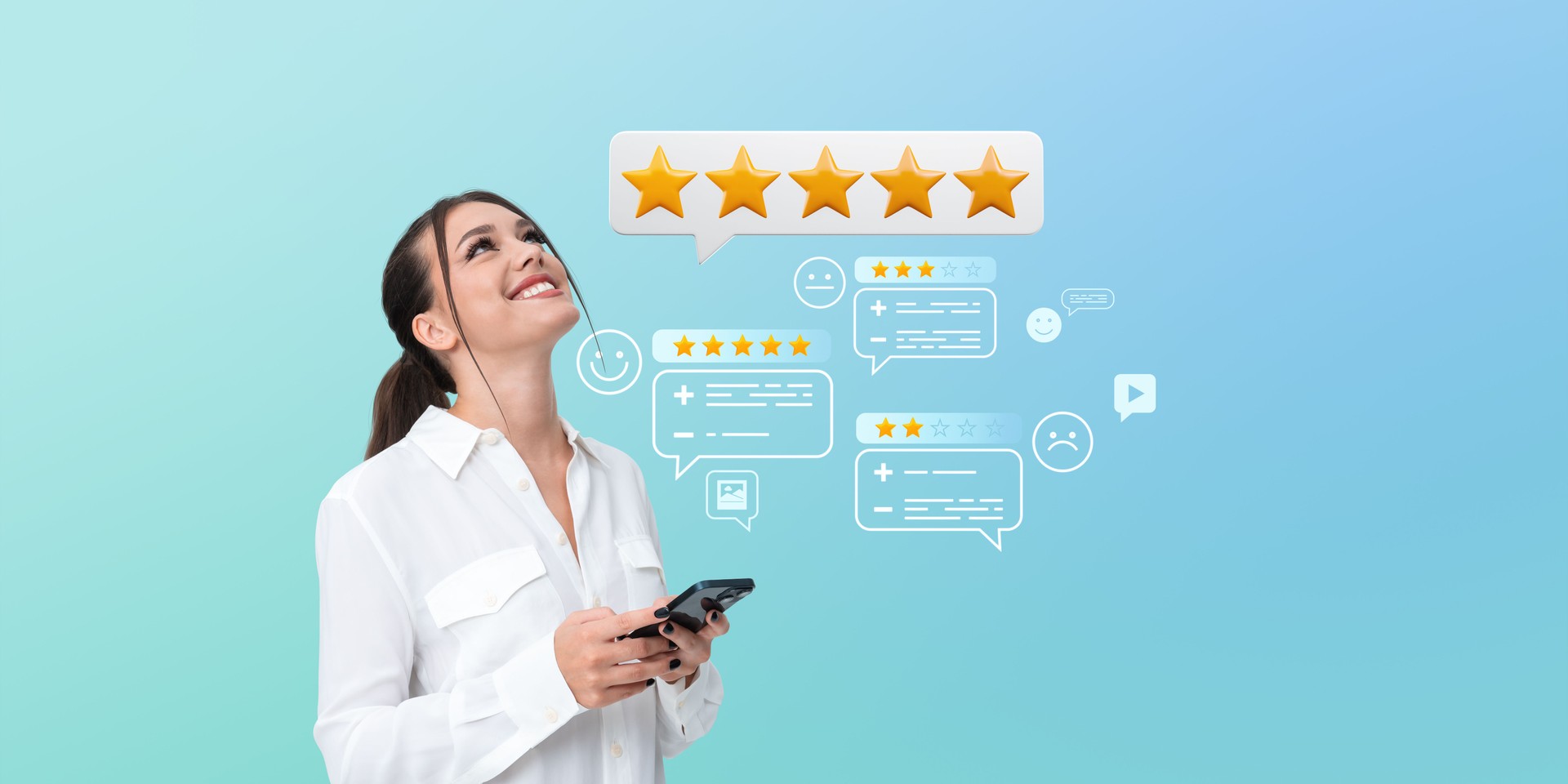 Woman smiling while holding smartphone with five-star rating ico